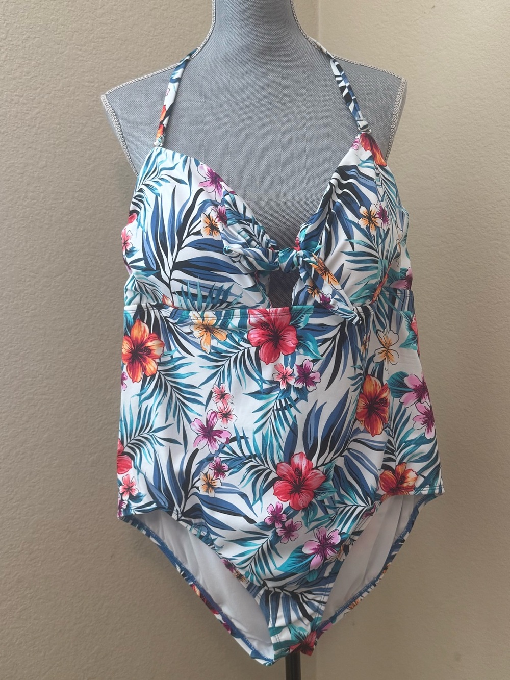 Floral Tropical One-Piece Swimsuit - White with Multicolor Hibiscus